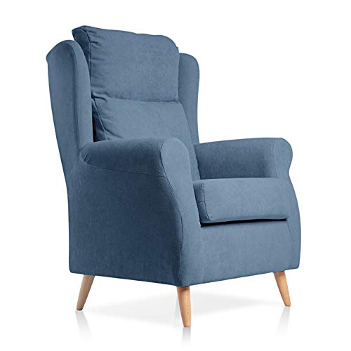 SUENOSZZZ-ESPECIALISTAS DEL DESCANSO Sillón orejero Dulce con Patas nórdicas butaca tapizada en Tela Antimanchas Color Azul