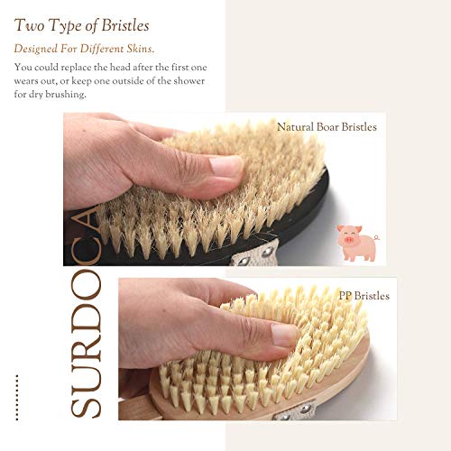 SURDOCA Cepillo natural seco – 5 en 1 exfoliante corporal con 2 cabezales extraíbles, gancho, peine, mango largo extraíble para baño y ducha, celulitis y masaje linfático, madera (A)