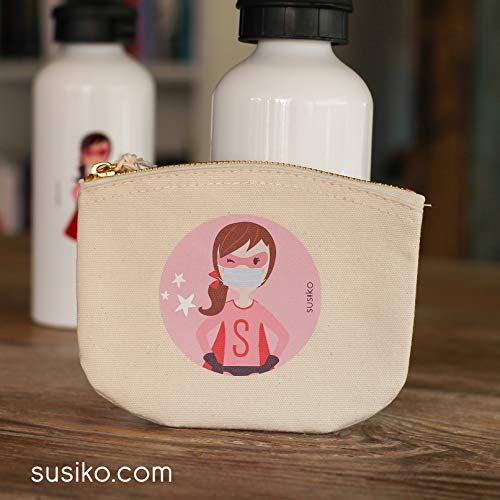 SUSIKO | Porta Mascarillas Premium | Funda de Mascarillas para Niñas Responsables | Medidas 14,5 x 11 cm | Bolsa 100% Algodón Transpirable con cremallera | Color Blanco