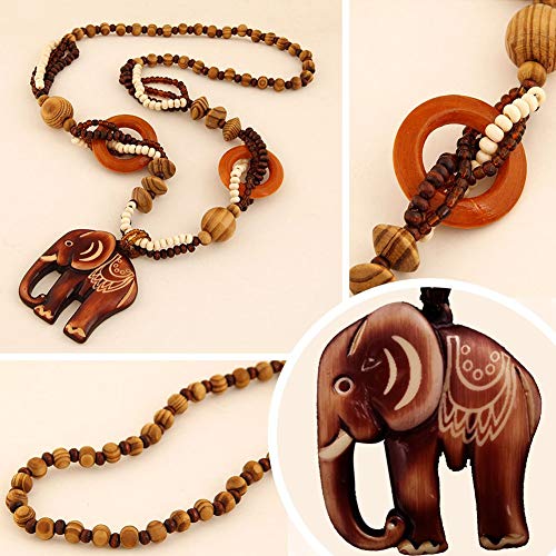 SwirlColor Fashion Bohemian Vintage Cuenta de Madera Étnica Colgante de Resina Elefante Suéter Largo Cadena Collares y Colgantes para Mujer