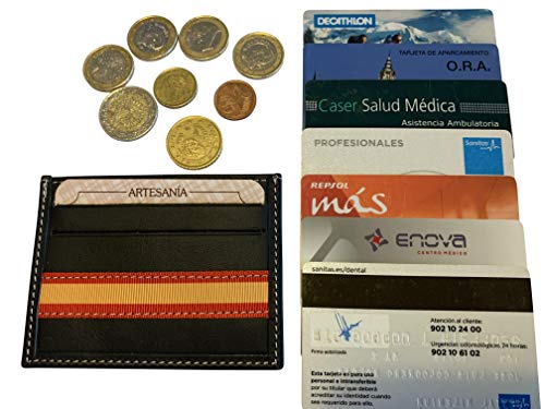 Tarjetero Monedero Hombre y Mujer LEGADO Tarjetas crédito con Billetero Porta Billetes y portamonedas para monedacartera Caballero Piel de Toro en Cuero con Bandera de España Monedas (Negro Bandera)