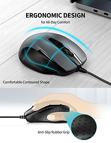 TECKNET Ratón con Cable Cable USB de 1,5 m, 6 Botones, hasta 2000 dpi, Superficie Antihuellas para Computadora Portátil, PC, Computadora(Gris)