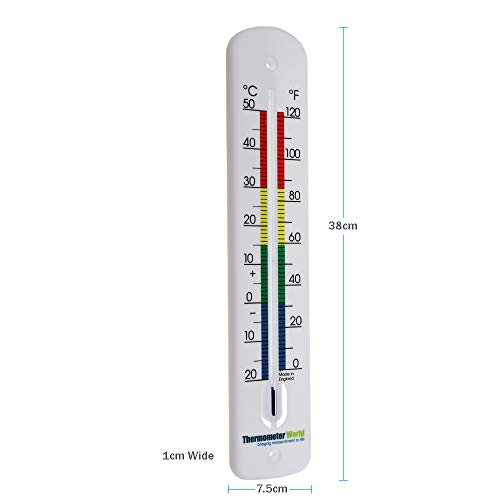 Termómetro de pared grande 380 mm con códigos de colores, hecho en Reino Unido, para uso en casa, en una habitación, en el jardín, el invernadero, para uso exterior e interior