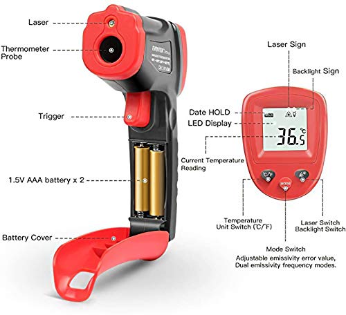 Termómetro Infrarrojo, Eventek Digital Laser IR Sin Contacto, Pistola de Temperatura, No se puede medir la fiebre, Rojo/Negro (ET312, -50°C~550°C (-58°F~1022°F))【Uso no corporal】
