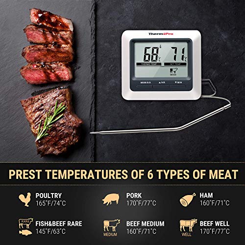 ThermoPro TP04 Termómetro Digital de Cocina para Alimentos Carne Barbacoa Horno Parrilla Comida con Modo Temporizador y Grande Pantalla LCD