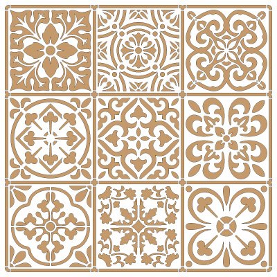 TODO-STENCIL Deco Fondo 095 Baldosas 2 Capas Medidas aproximadas: Medida Exterior 25 x 25 Medida del diseño: 22 x 22