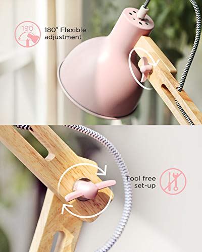 Tomons Lámpara de Escritorio, Columpio del Brazo, Lámpara de Mesa Ajustable y Desmontable de Madera para Oficina, Sala, Estudio y Dormitorio, Rosa