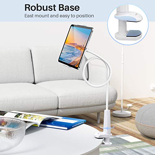 TRYONE Soporte Tablet Móvil Multiángulo - Soporte con Brazo de Cuello de Cisne para Serie iPad/Nintendo Switch/Samsung Galaxy Tabs/Huawei Mediapad/Kindle Fire y Más, 75cm de Longitud en Total(Blanco)