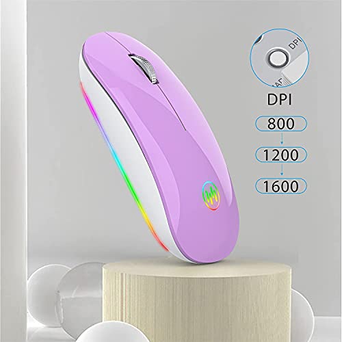 Uiosmuph U15 RGB Ratón inalámbrico, 2.4 GHz LED Ratón Silencioso Recargable con Adaptador de Receptor Nano USB Tipo c para Ordenador portátil Tablet PC Mac (Púrpura)