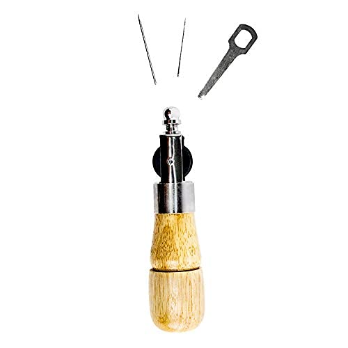 UPP máquina de Coser portatil Manual I Punzón para Coser Cuero, Kit Costura Profesional, Set reparador de Ropa I Herramienta Punch Needle, Aguja de Costura a Mano (Madera y Hierro, 16cm, Ø 3.5cm)