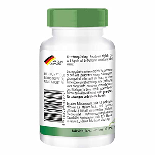Valeriana Complex - Complejo de Extracto de Valeriana + Lúpulo + Melisa - VEGANO - Dosis elevada - 90 Cápsulas - Calidad Alemana