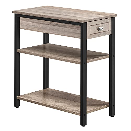 VASAGLE Mesa Auxiliar Alta y Delgada, Mesita de Noche y Mesa Auxiliar con Cajón y 2 Estantes, Estilo Industrial, Gris y Negro LET313B02