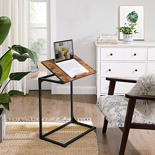 VASAGLE Mesa Auxiliar, Mesa Lateral para Sofá, Escritorio Pequeño para Portátil, Tablero Inclinable, Marco de Acero Resistente, para Sala de Estar, Fácil de Montar, Marrón Rústico y Negro LNT057B01