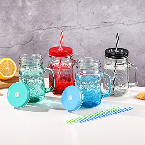 Vasos de cristal con asa – 350 ml para conservas con pajita y tapa, ZDZDZ, tarro de cristal para cerveza, leche, zumo y más (azul)
