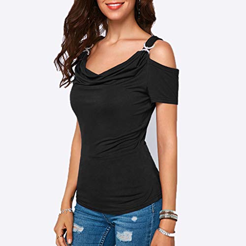 VEMOW Camisetas Camisa Casual con Cuello drapeado de Manga Corta para Mujer Camiseta de Manga Corta(Negro,2XL)