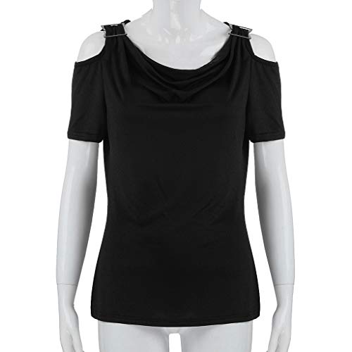 VEMOW Camisetas Camisa Casual con Cuello drapeado de Manga Corta para Mujer Camiseta de Manga Corta(Negro,2XL)