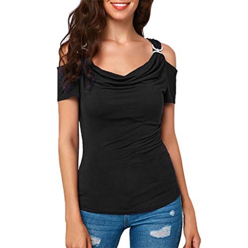 VEMOW Camisetas Camisa Casual con Cuello drapeado de Manga Corta para Mujer Camiseta de Manga Corta(Negro,2XL)