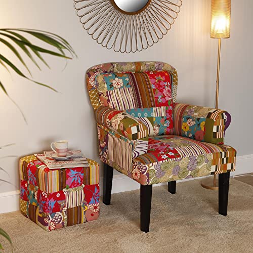 Versa Sillón tapizado rosa patchwork para sala de estar, silla de dormitorio con reposabrazos, con reposabrazos, Medidas (Al x An x L) 89 x 71 x 72 cm, Algodón y madera, Rosa