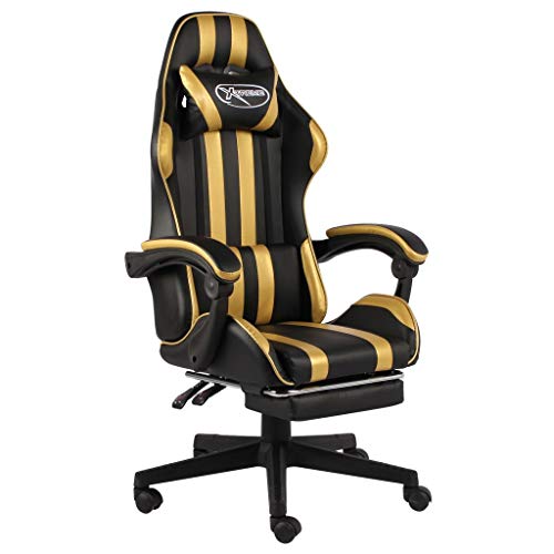 vidaXL Silla Gaming con Reposapié Asiento Sillón Mobiliario Estudio Escritorio Videojuegos Oficina Despacho Ordenadors Cuero Sintético Negro y Dorado