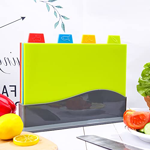 Viesap Tabla De Cortar, 4 PCS Tablas Corte Cocina, Tablas de Cortar de Plástico, Apta para Lavavajillas, con Soporte Estuche para Guardarlas y Código de Color, Antideslizante y Fácil de Colgar.