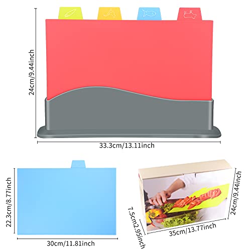 Viesap Tabla De Cortar, 4 PCS Tablas Corte Cocina, Tablas de Cortar de Plástico, Apta para Lavavajillas, con Soporte Estuche para Guardarlas y Código de Color, Antideslizante y Fácil de Colgar.
