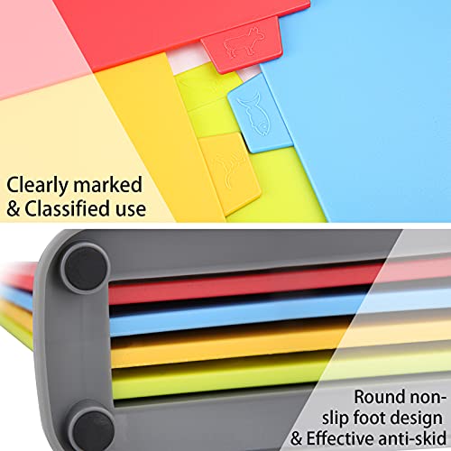 Viesap Tabla De Cortar, 4 PCS Tablas Corte Cocina, Tablas de Cortar de Plástico, Apta para Lavavajillas, con Soporte Estuche para Guardarlas y Código de Color, Antideslizante y Fácil de Colgar.