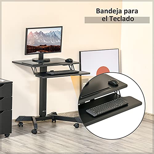 Vinsetto Escritorio de Pie Ajustable en Altura 2 en 1 Mesa para Ordenador Portátil Móvil con 4 Ruedas Bandeja para Teclado Estación de Trabajo 65x45x75-115 cm Negro