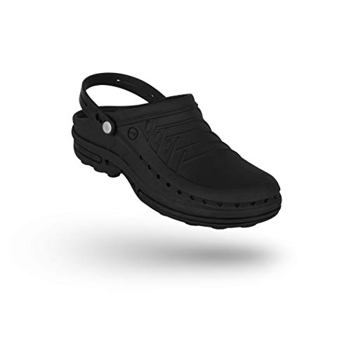 WOCK Clog con Tira, Zueco Sanitario de Trabajo Negro/Negro Mujer e Hombre - Esterilizable, Rango de tamaño de 35-48