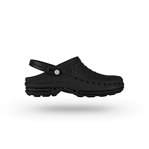 WOCK Clog con Tira, Zueco Sanitario de Trabajo Negro/Negro Mujer e Hombre - Esterilizable, Rango de tamaño de 35-48