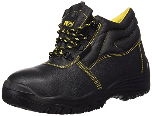WOLFPACK LINEA PROFESIONAL 15018030 Botas Seguridad S3 Piel Negra Nº 42 + 15017090 Pantalon de trabajo Gris/Amarillo, Talla 42/44 M