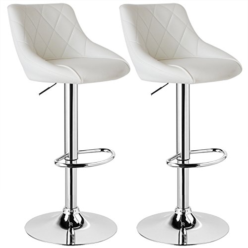 WOLTU Taburete Taburete de Bar con Respaldo, Juego de 2, Ajuste de Altura Continuo, Acero Cromado, Goma Antideslizante, Piel sintética de fácil Cuidado, Asiento Bien Acolchado Blanco