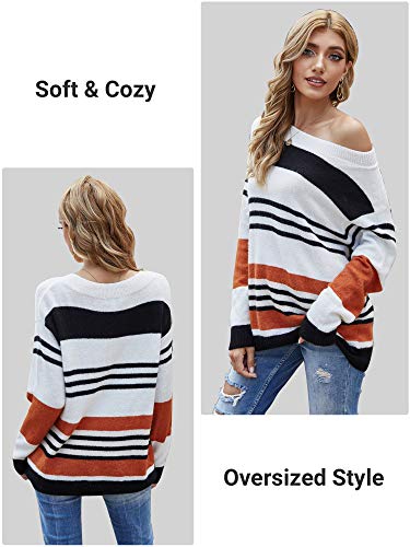 Woolen Bloom Jersey Punto Mujer Suéter Suelto Bloque de Color Informal Camisa Cuello Redondo Rayas Ligeras Manga Larga Camisetas Tops Pull-Over Suéter Mujer Primavera Otoño Invierno