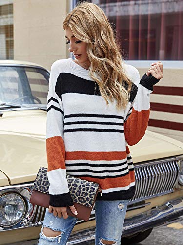 Woolen Bloom Jersey Punto Mujer Suéter Suelto Bloque de Color Informal Camisa Cuello Redondo Rayas Ligeras Manga Larga Camisetas Tops Pull-Over Suéter Mujer Primavera Otoño Invierno