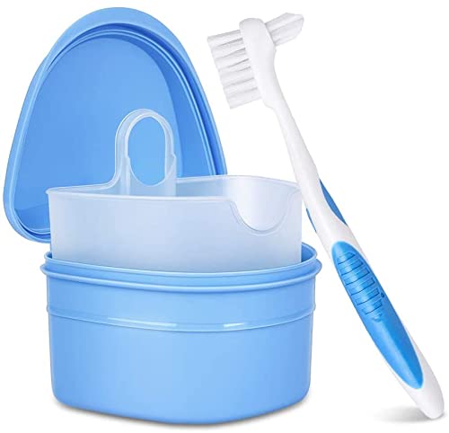 Y-Kelin Kit de limpieza de dentaduras postizas con cepillo de dientes postizos de dos cabezas (Azul)