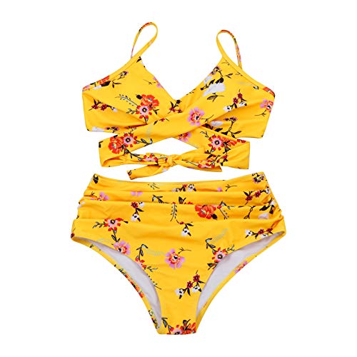 YANFANG Conjunto de Ropa de Playa de Traje de baño de Dos Piezas con Estampado de Bikini Sexy para Mujer,Tanga Sexy Traje de Baño Liso y Atrevido para Mujer,Yellow,M