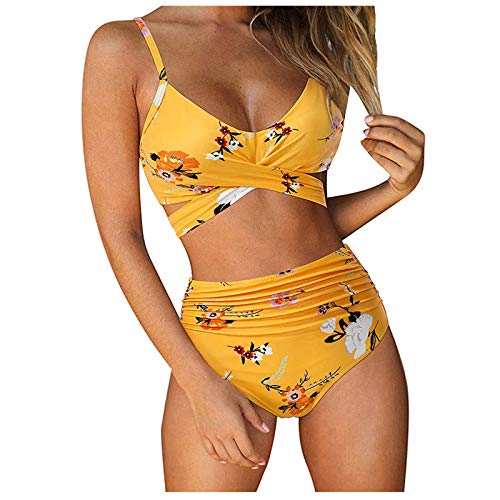 YANFANG Conjunto de Ropa de Playa de Traje de baño de Dos Piezas con Estampado de Bikini Sexy para Mujer,Tanga Sexy Traje de Baño Liso y Atrevido para Mujer,Yellow,M