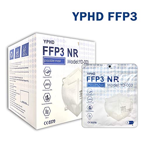 YPHD YD-003 FFP3 5 máscaras faciales de capa con certificación de la UE, Paquete de 25