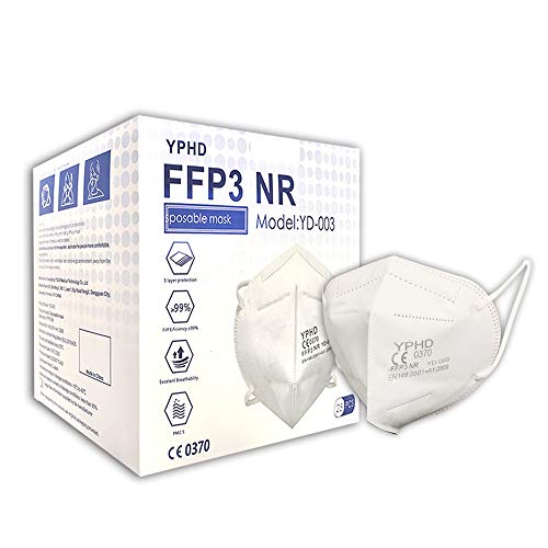 YPHD YD-003 FFP3 5 máscaras faciales de capa con certificación de la UE, Paquete de 25