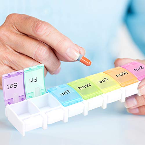 YUEUSO Pastillero Semanal 1 Tomas, Organizador de Pastillas con 7 Compartimentos, Pastillero con Etiqueta Recordatoria de Color para Reponer el Medicamento Cuando Viaja