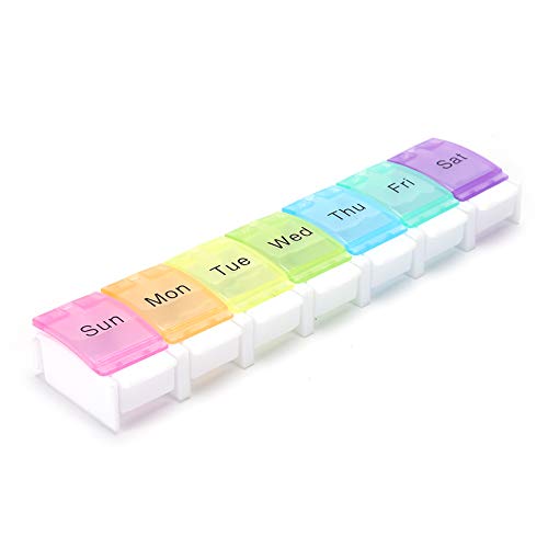 YUEUSO Pastillero Semanal 1 Tomas, Organizador de Pastillas con 7 Compartimentos, Pastillero con Etiqueta Recordatoria de Color para Reponer el Medicamento Cuando Viaja