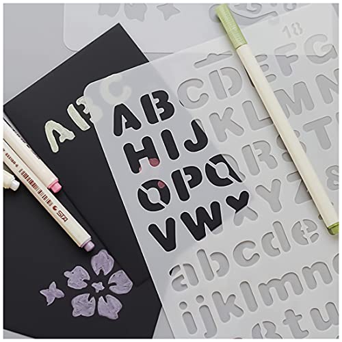 YXHZVON Juego de 4 Plantillas de Pintura de Letras y Números, Reutilizables Plantillas Alfabeto Plástico Mayúsculas Minúsculas Números Símbolos para DIY Caligrafía Dibujo Manualidades