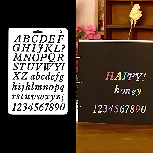 YXHZVON Juego de 4 Plantillas de Pintura de Letras y Números, Reutilizables Plantillas Alfabeto Plástico Mayúsculas Minúsculas Números Símbolos para DIY Caligrafía Dibujo Manualidades