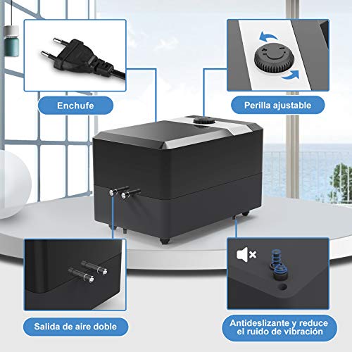 Zacro Actualización, Bomba Aire de Oxígeno para Acuarios, Caudal 2 * 5L / min, Tranquilo Bomba de Oxígeno,Aislamiento Acústico Doble y Volumen de Aire Ajustable para Tanques de Peces y Acuarios