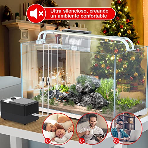Zacro Actualización, Bomba Aire de Oxígeno para Acuarios, Caudal 2 * 5L / min, Tranquilo Bomba de Oxígeno,Aislamiento Acústico Doble y Volumen de Aire Ajustable para Tanques de Peces y Acuarios