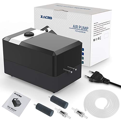 Zacro Actualización, Bomba Aire de Oxígeno para Acuarios, Caudal 2 * 5L / min, Tranquilo Bomba de Oxígeno,Aislamiento Acústico Doble y Volumen de Aire Ajustable para Tanques de Peces y Acuarios