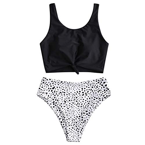 Zaful Traje de baño de dos piezas para mujer, traje de baño acolchado con estampado floral y cordones, tankini de tiro alto, Negro , XXL