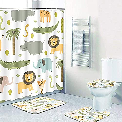 ZGDPBYF Cortina De Ducha Lindo Hipopótamo Cocodrilo León Elefante Jirafa Infantil Colorido Impermeable Cortina De Ducha Tela Decoración De Baño con Ganchos Cortina De Ducha