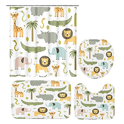 ZGDPBYF Cortina De Ducha Lindo Hipopótamo Cocodrilo León Elefante Jirafa Infantil Colorido Impermeable Cortina De Ducha Tela Decoración De Baño con Ganchos Cortina De Ducha