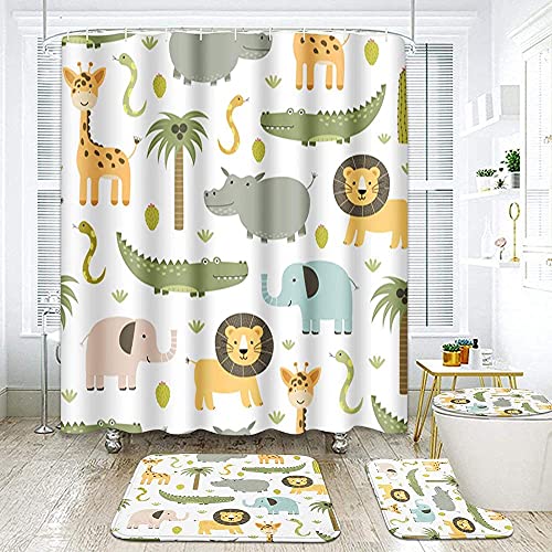 ZGDPBYF Cortina De Ducha Lindo Hipopótamo Cocodrilo León Elefante Jirafa Infantil Colorido Impermeable Cortina De Ducha Tela Decoración De Baño con Ganchos Cortina De Ducha
