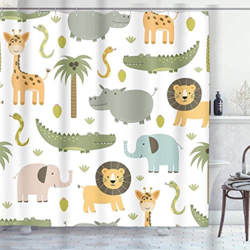 ZGDPBYF Cortina De Ducha Lindo Hipopótamo Cocodrilo León Elefante Jirafa Infantil Colorido Impermeable Cortina De Ducha Tela Decoración De Baño con Ganchos Cortina De Ducha